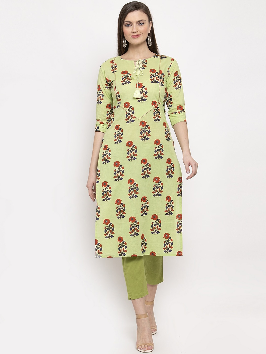 

Indibelle Women Green Cotton Printed Straight Kurta