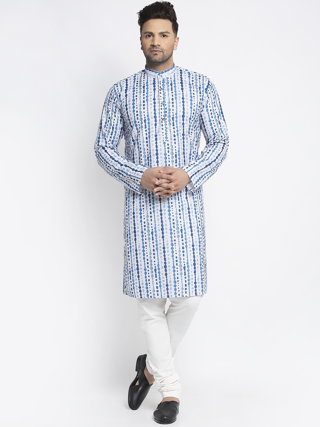 

Benstoke Men Blue & White Striped Kurta with Churidar