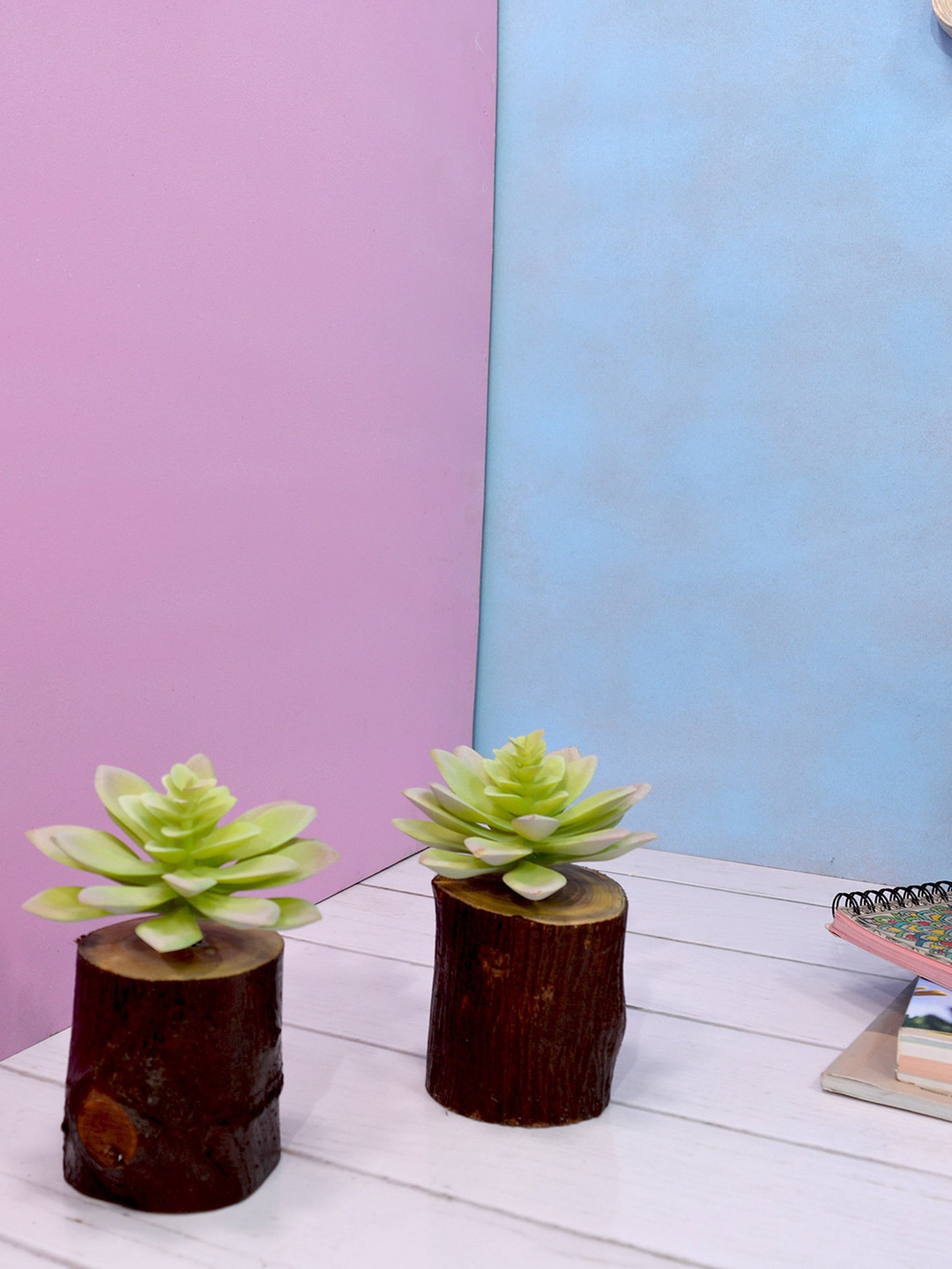 

fancy mart Set of 2 Green Artificial Succulents with Wood Log