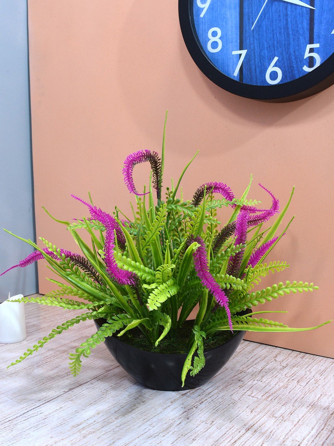 

fancy mart Magenta & Green Artificial Fox Tail Plant With Black Boat Pot