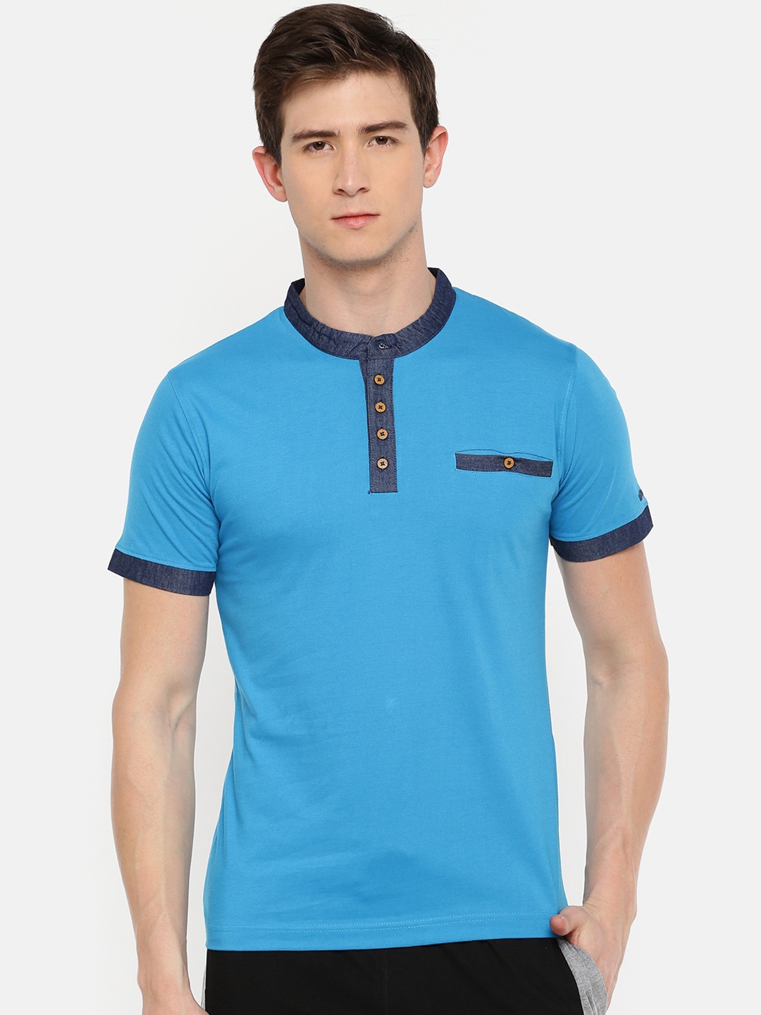 

Dollar Men Blue Solid Cotton Henley Neck T-shirt