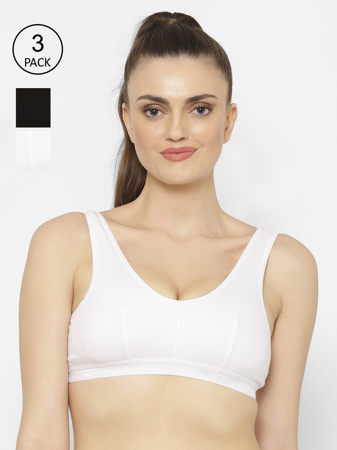 

Floret Pack Of 3 White & Black Solid Non-Wired Non Padded Workout Bra