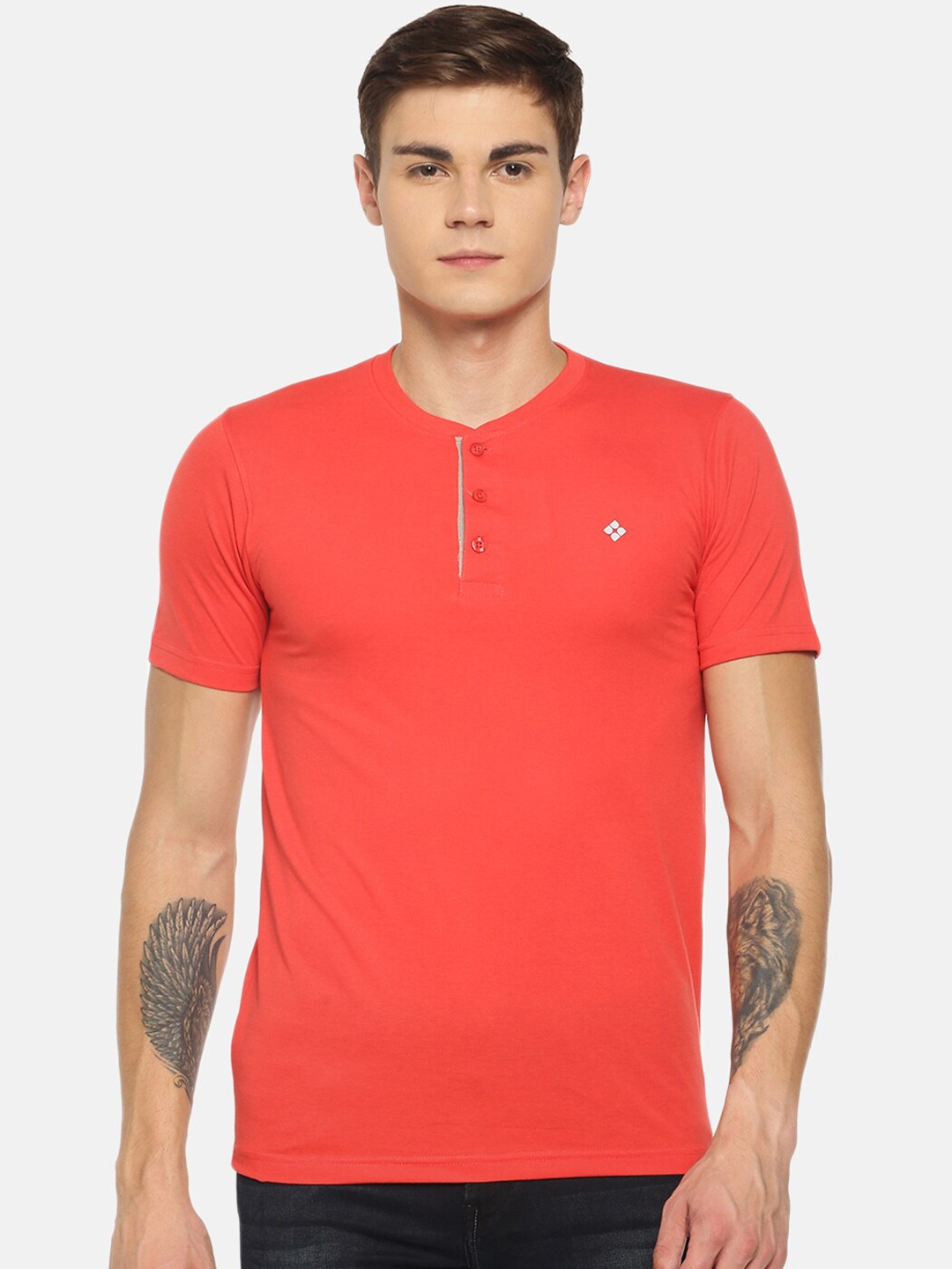 Dollar Men Coral Red Solid Henley Neck T-shirt