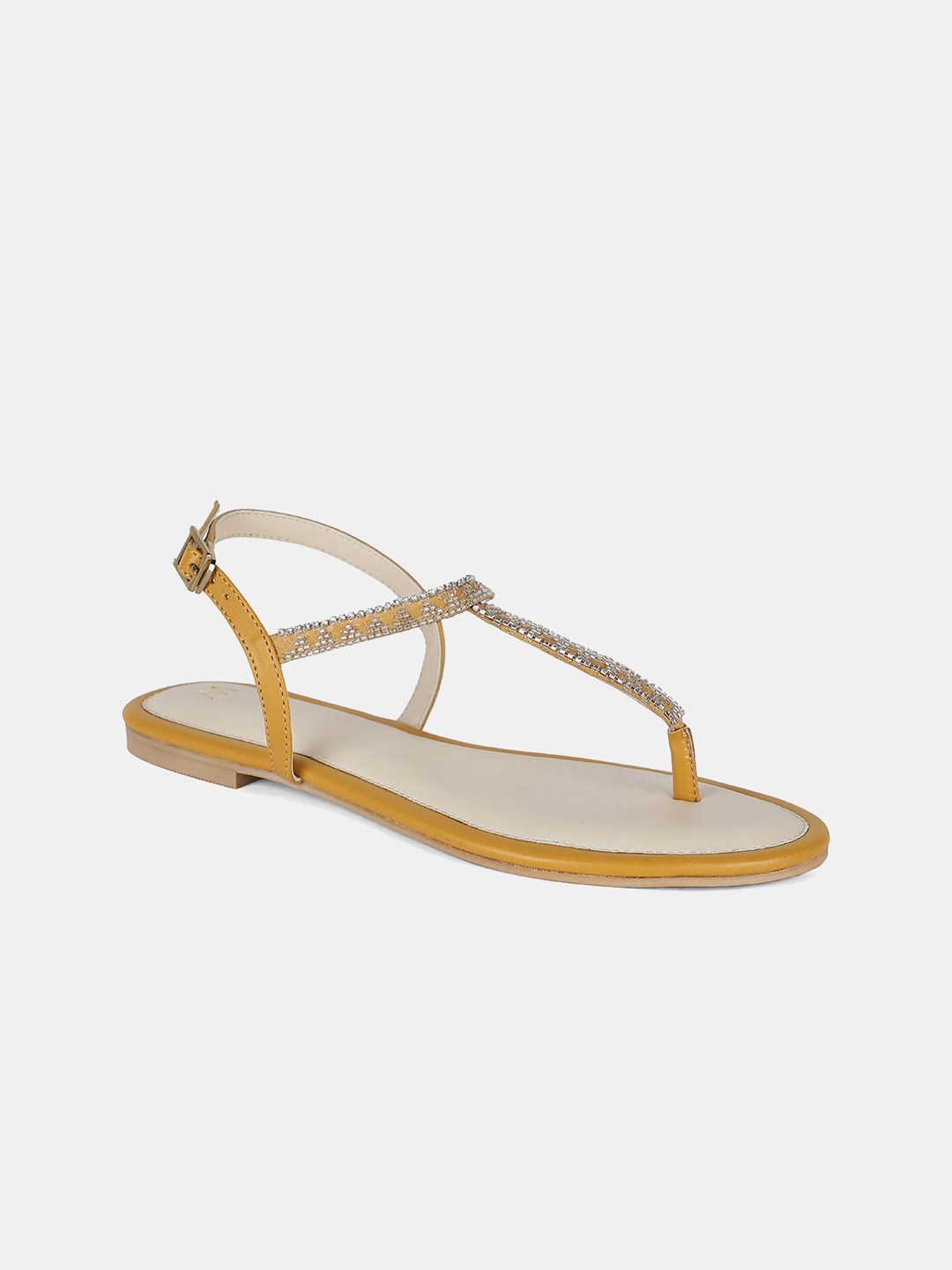 

W Women Mustard Yellow Embellished Fabric T-Strap Flats