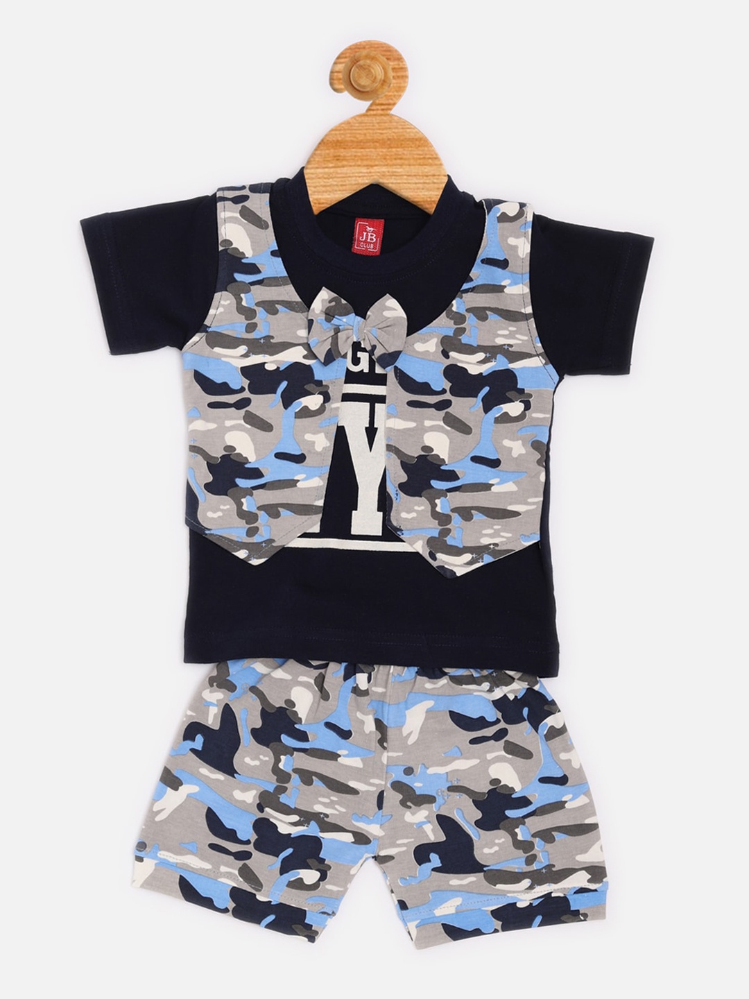 

Jaybee Boys Grey & Black Camouflage Printed Cotton T-shirt with Waistcoat & Shorts