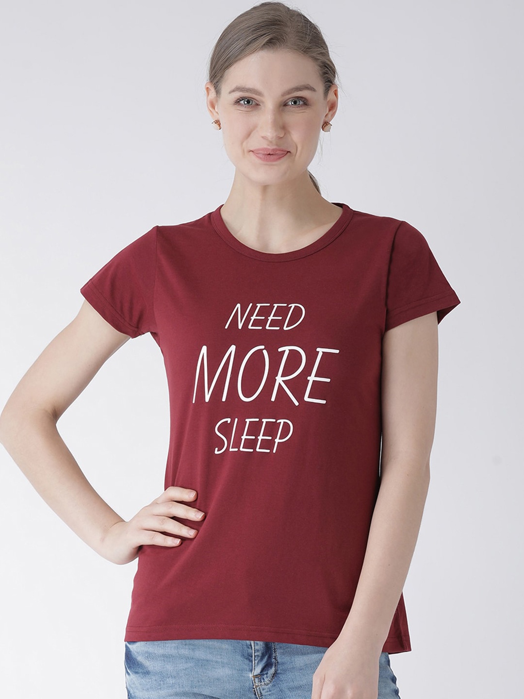 

GRIFFEL Women Maroon Self Design Round Neck T-shirt
