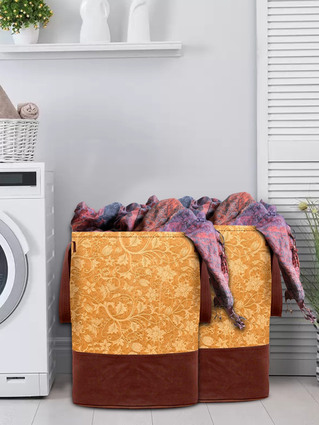 

Kuber Industries Set Of 2 Beige & Maroon Printed Round Foldable Laundry Basket With Handles 45 L