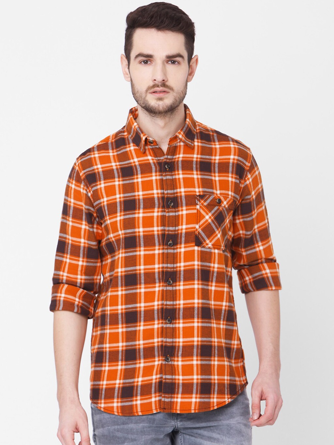 

Mufti Men Orange Slim Fit Checked Casual Shirt