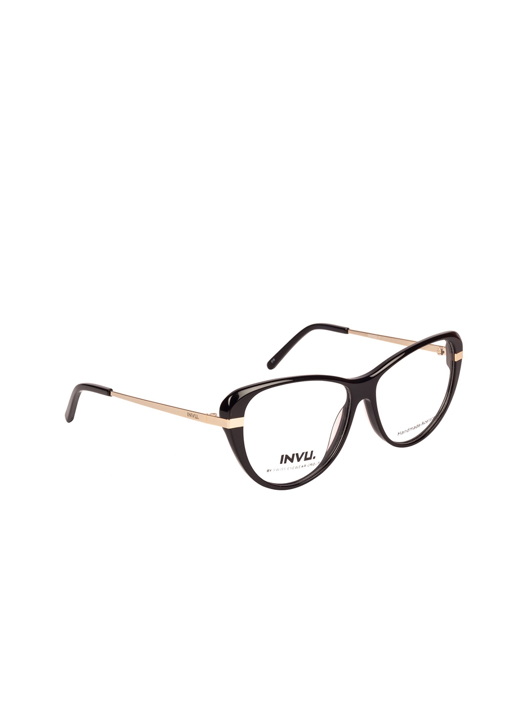 

INVU Women Black & Gold-Toned Solid Full Rim Cateye Frames