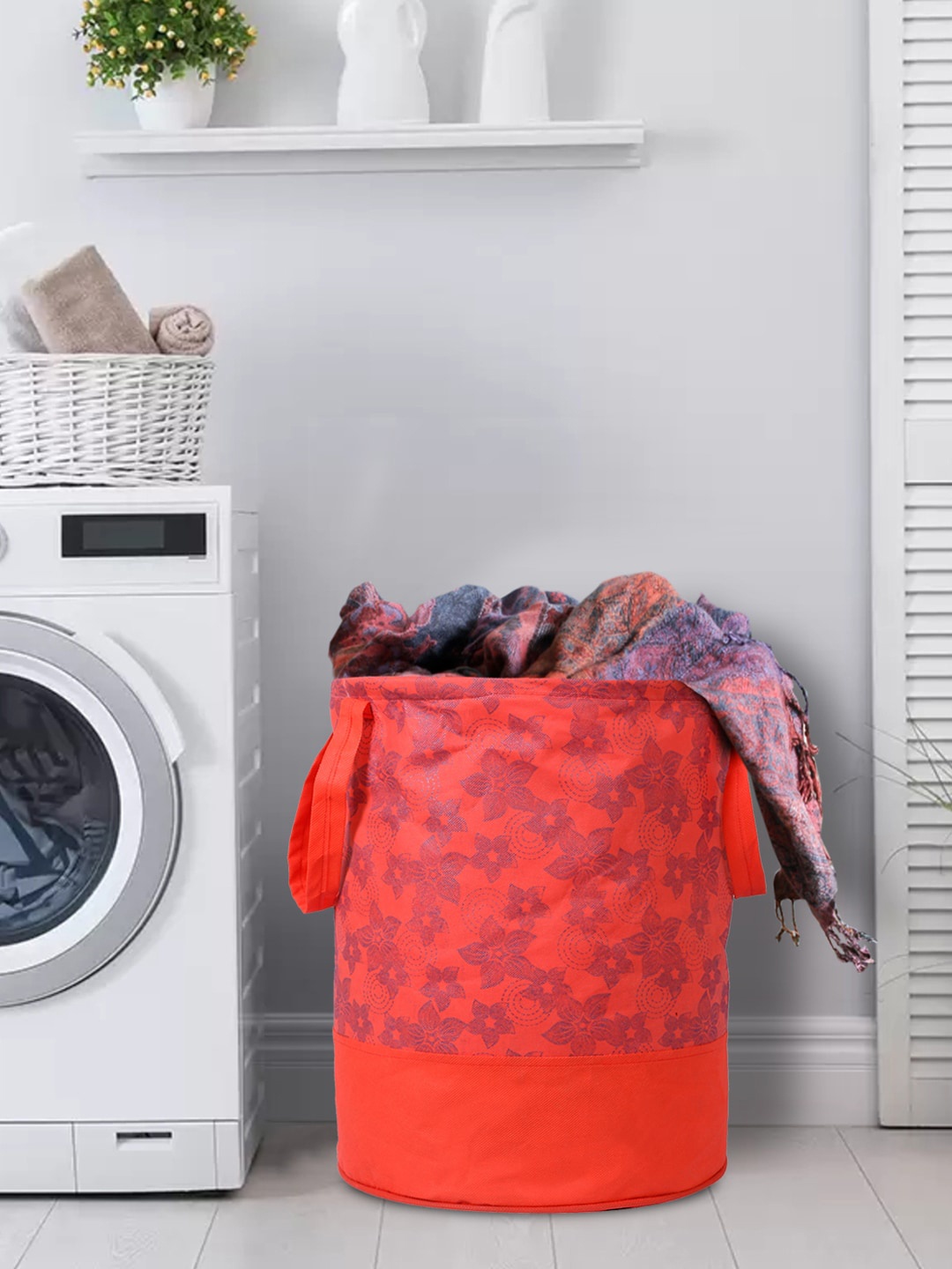 

Kuber Industries Red & Grey Floral Print Round Foldable Laundry Basket With Handles
