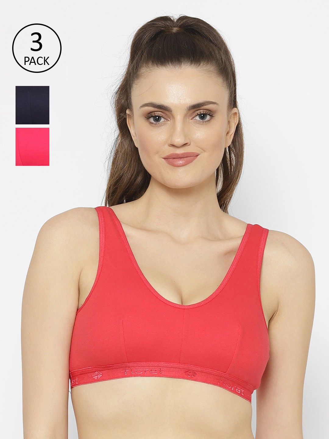 

Floret Pack of 3 Solid Non-Wired Non Padded Workout Bra, Navy blue