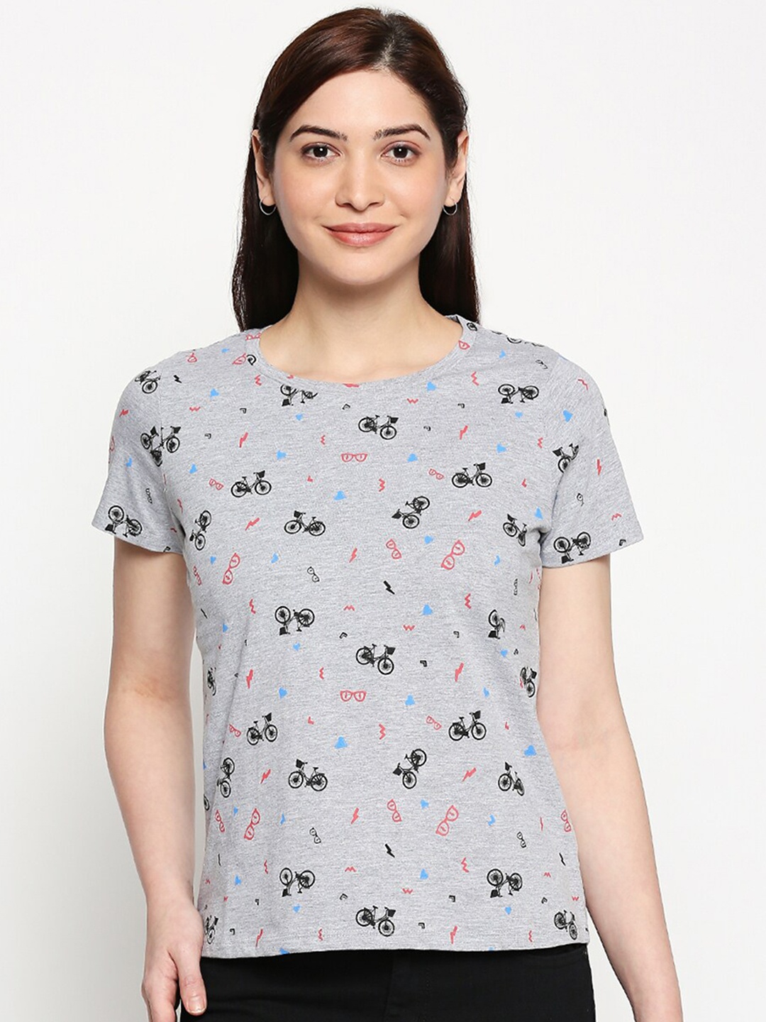 

People Women Grey Melange & Black Printed Top