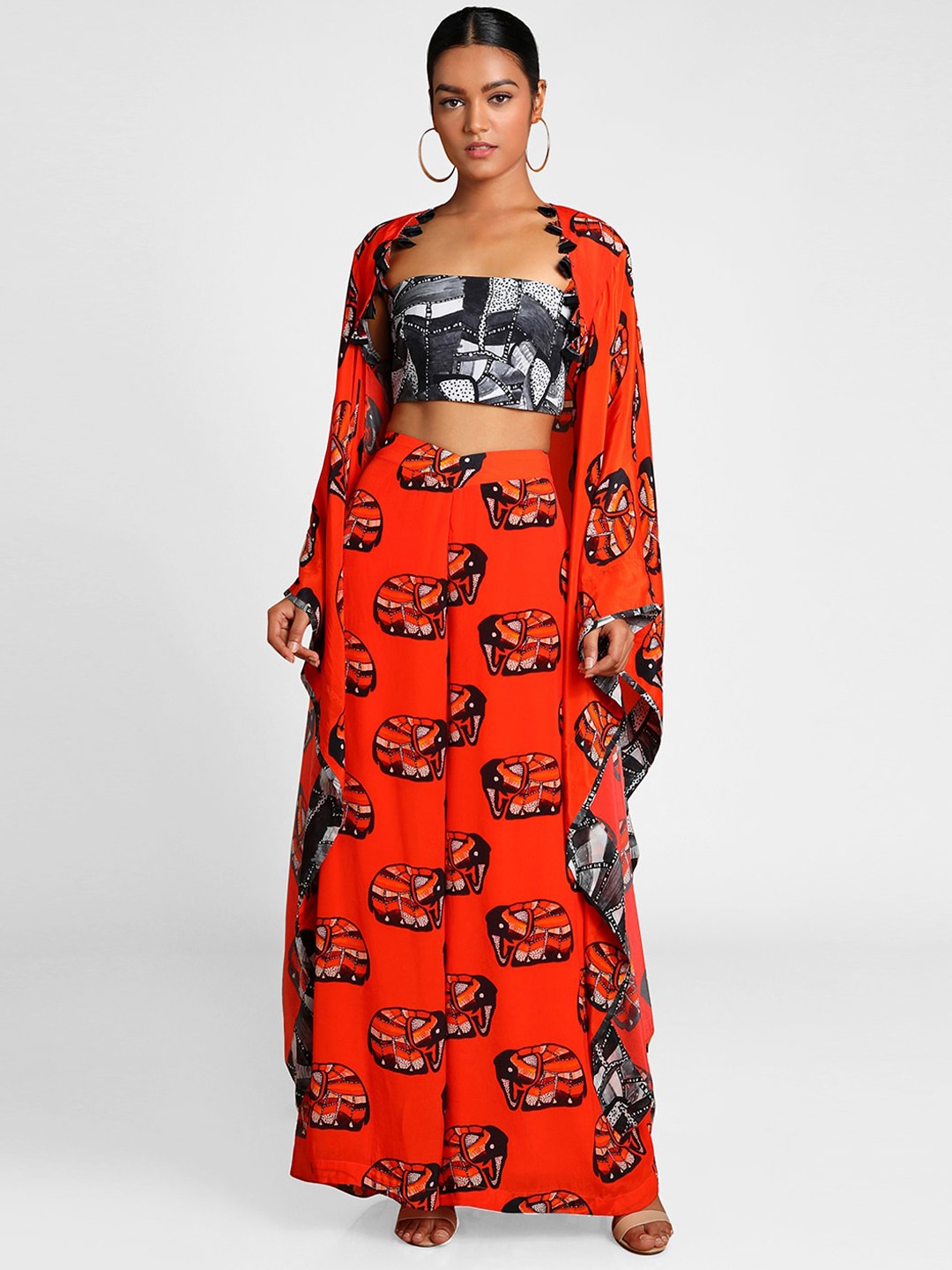 

Masaba Women Orange & Black Printed Top with Palazzos & Cape Jacket