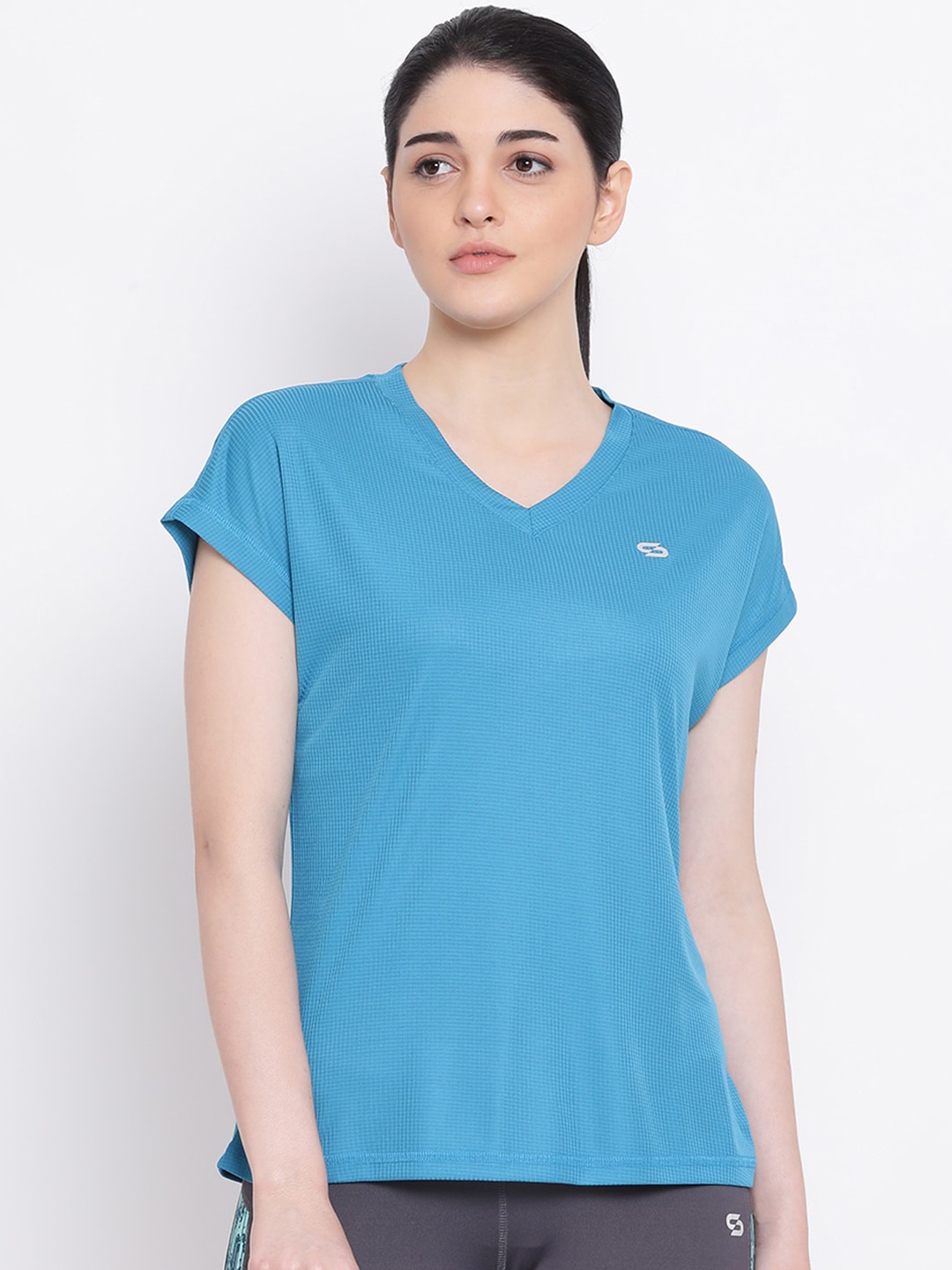 

Spolei Women Blue Self Design V-Neck T-shirt
