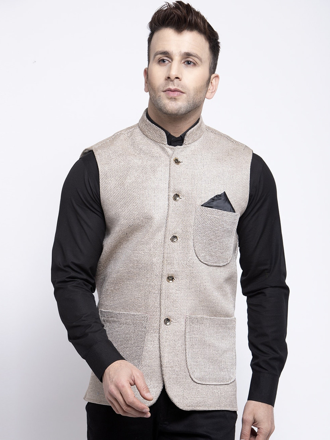 

KLOTTHE Men Beige Woven Design Nehru Jacket