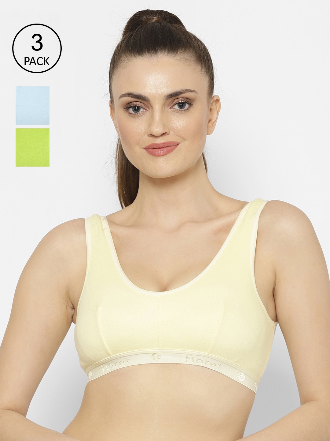 

Floret Pack of 3 Solid Non-Wired Non Padded Workout Bra, Blue