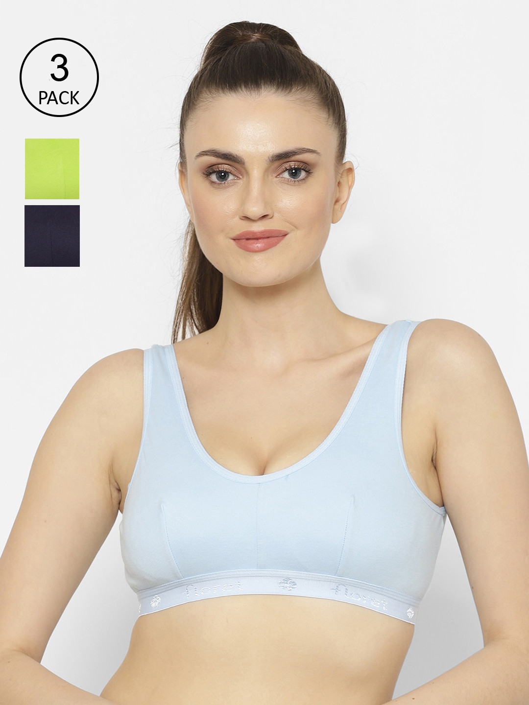 

Floret Pack Of 3 Solid Non-Wired Non Padded Workout Bra, Navy blue
