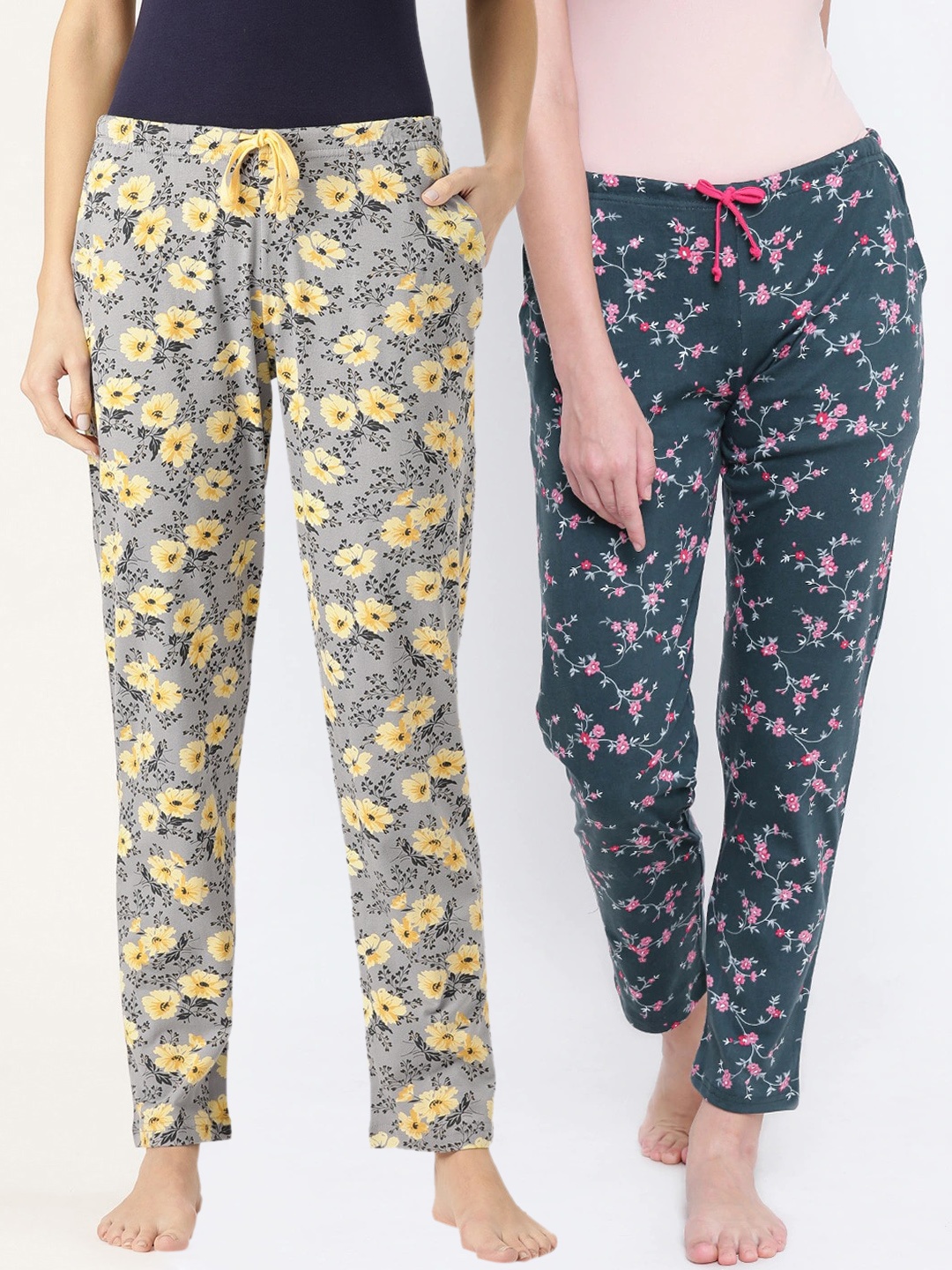 

Kanvin Women Pack Of 2 Teal Blue & Grey Printed Lounge Pants