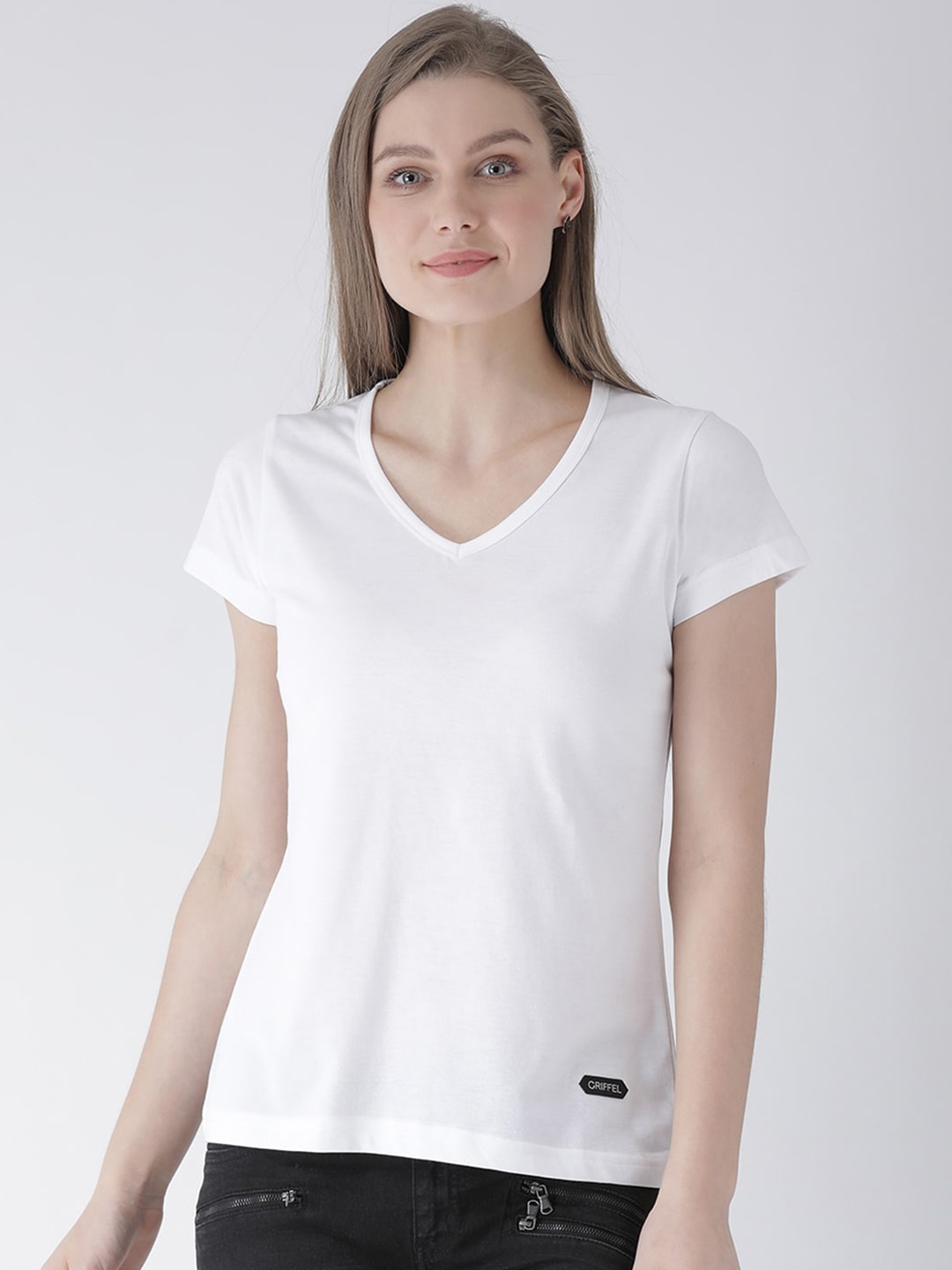 

GRIFFEL Women White Solid V-Neck T-shirt