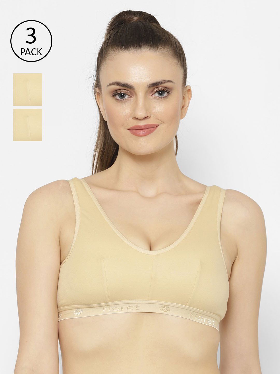 

Floret Pack of 3 Beige Solid Non-Wired Non Padded Workout Bra