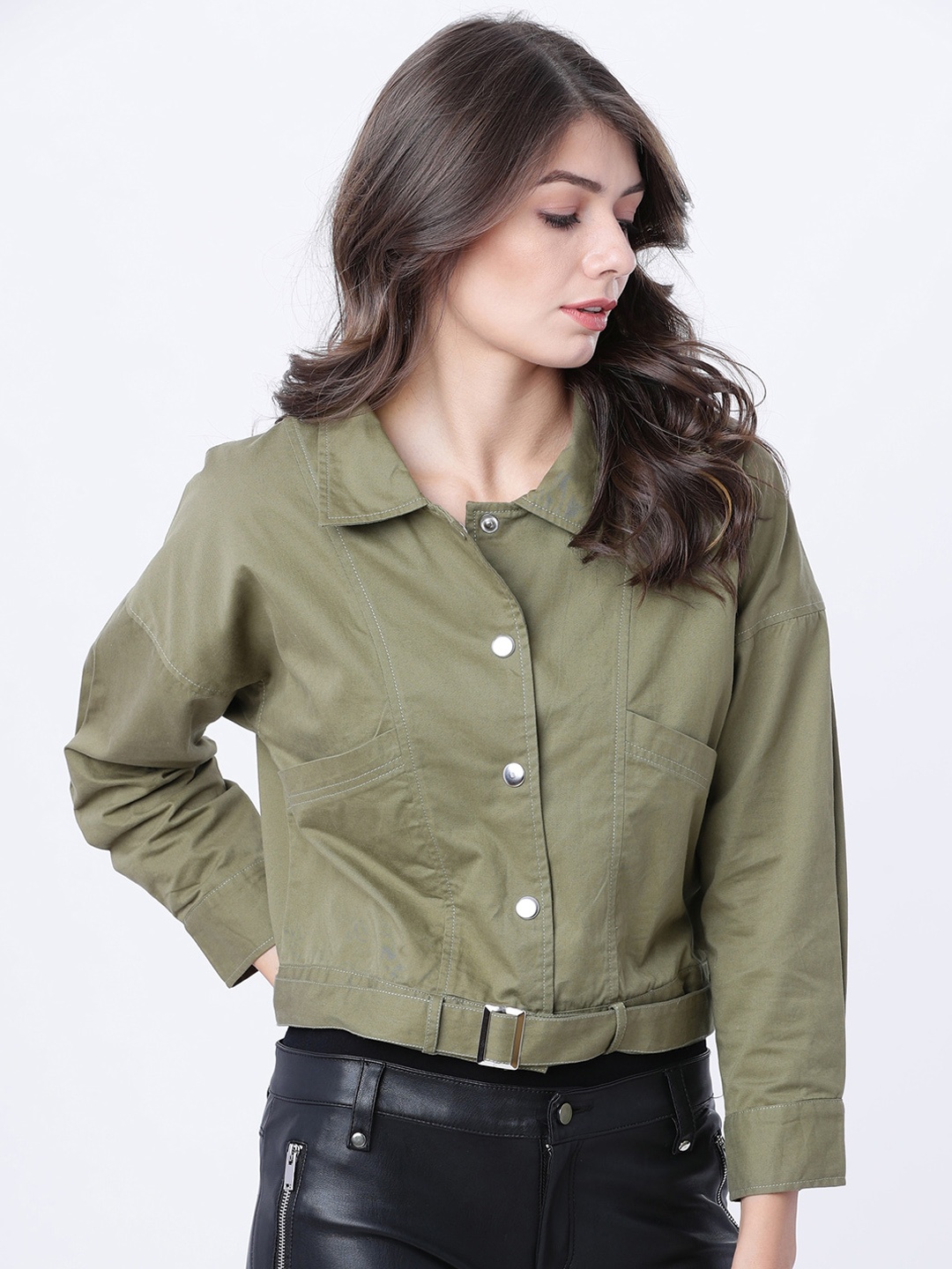 

Tokyo Talkies Women Olive Green Solid Bomber