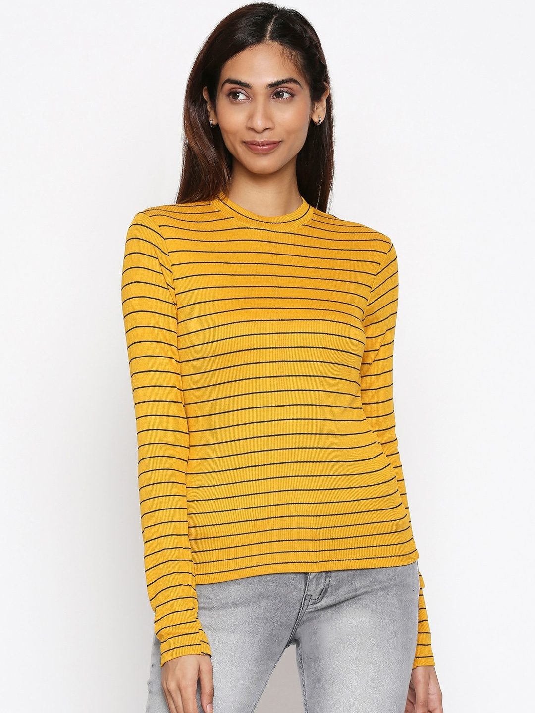 

People Women Yellow & Navy Blue Striped Fitted Top