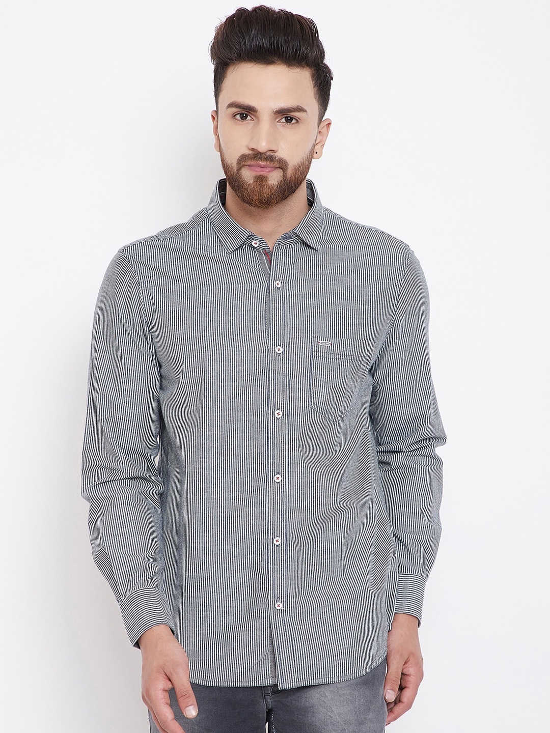 

American Archer Men Grey & White Slim Fit Striped Casual Shirt