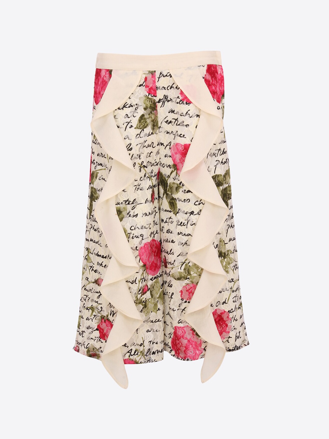 CUTECUMBER Girls Cream-Coloured Regular Fit Printed Parallel Trousers