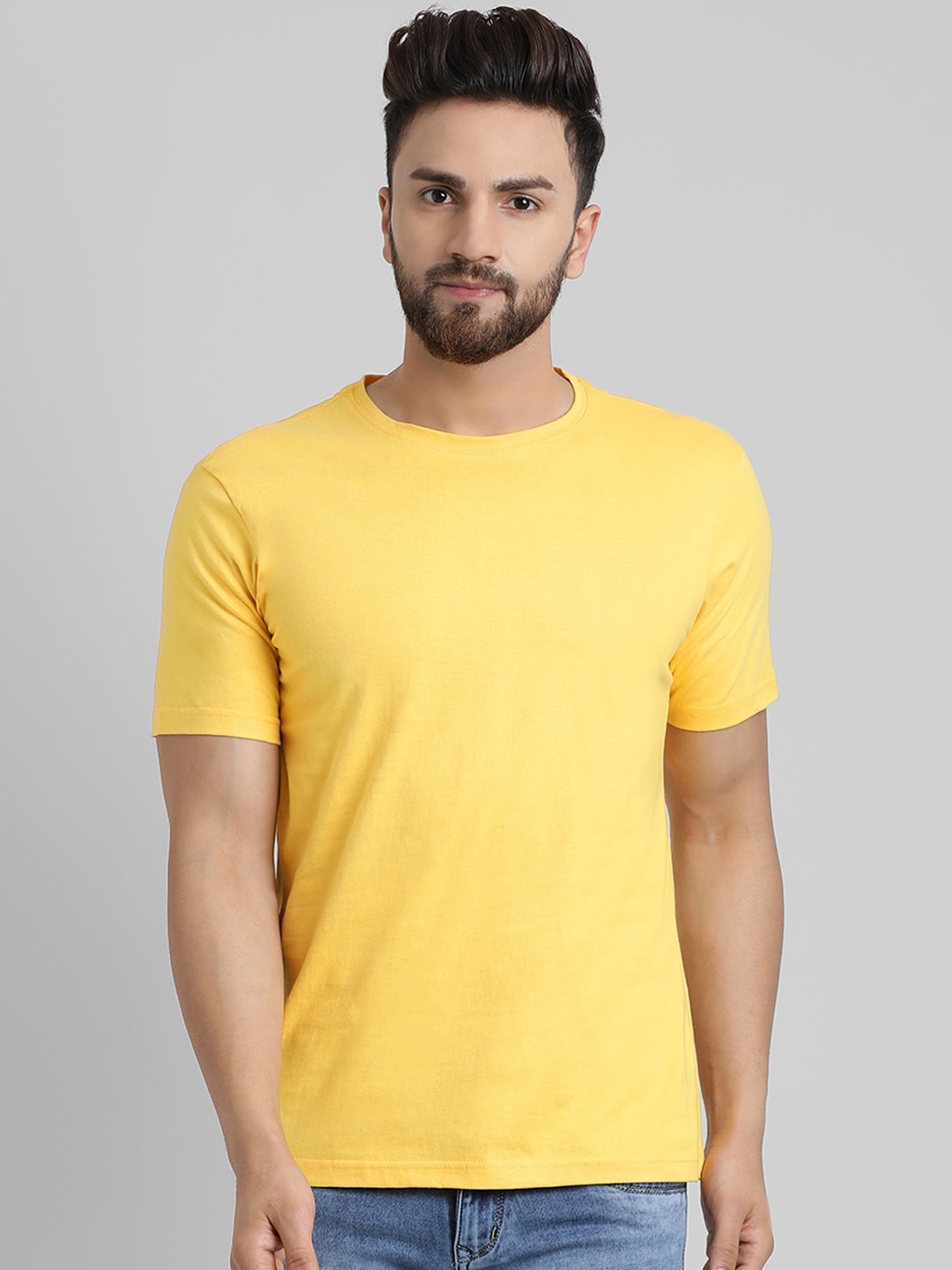 GRACIT Men Yellow Solid Round Neck Cotton Pure Cotton T-shirt