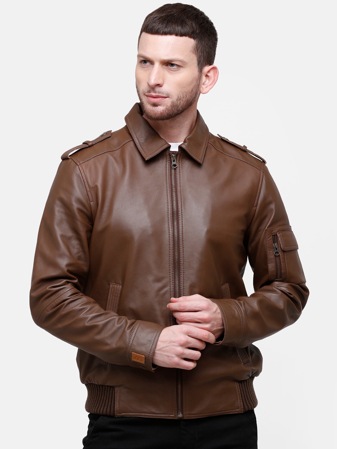 

MONOCHROME Men Brown Solid Insulator Leather Jacket