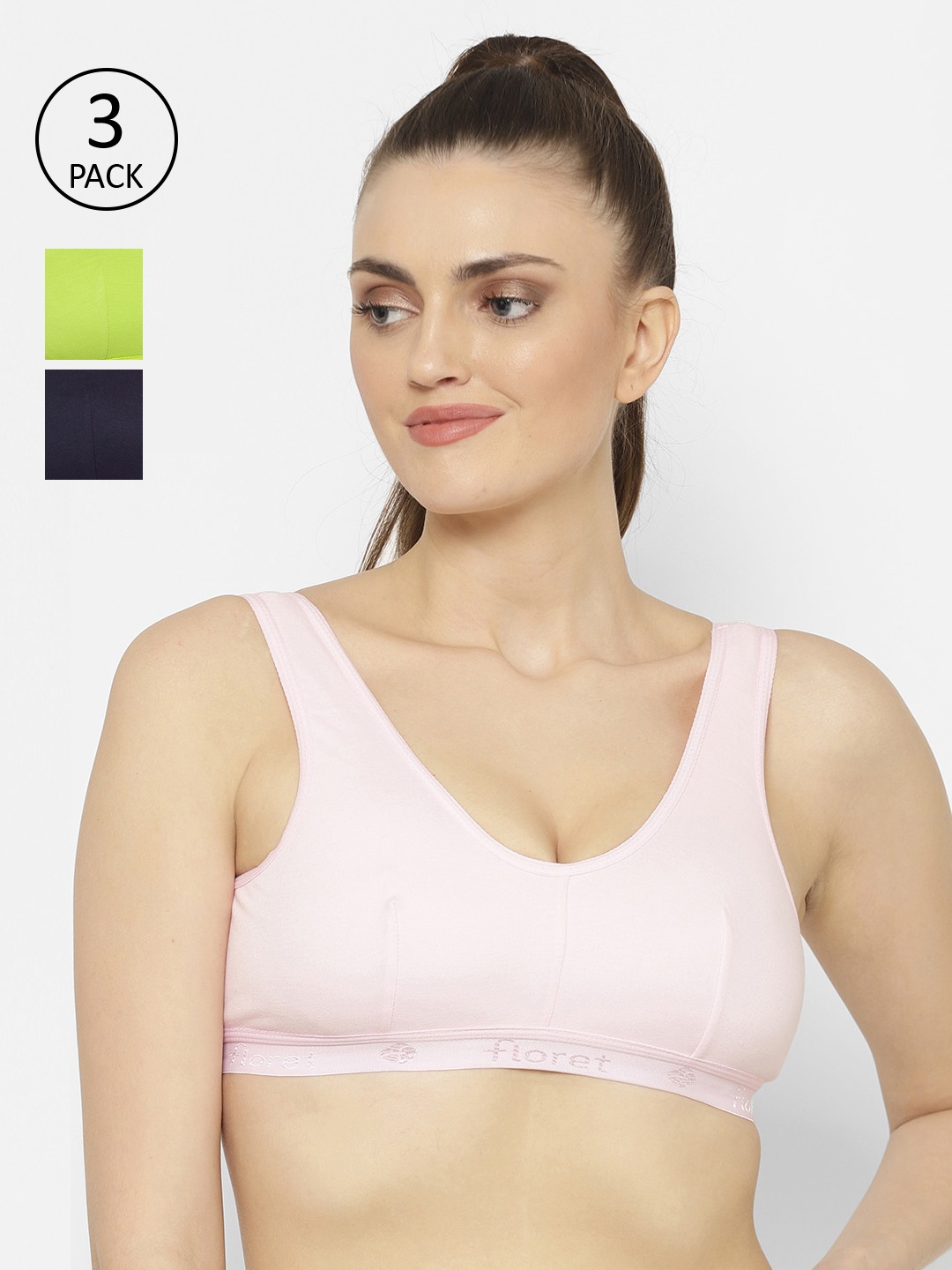

Floret Pack of 3 Solid Non-Wired Non Padded Workout Bra, Navy blue