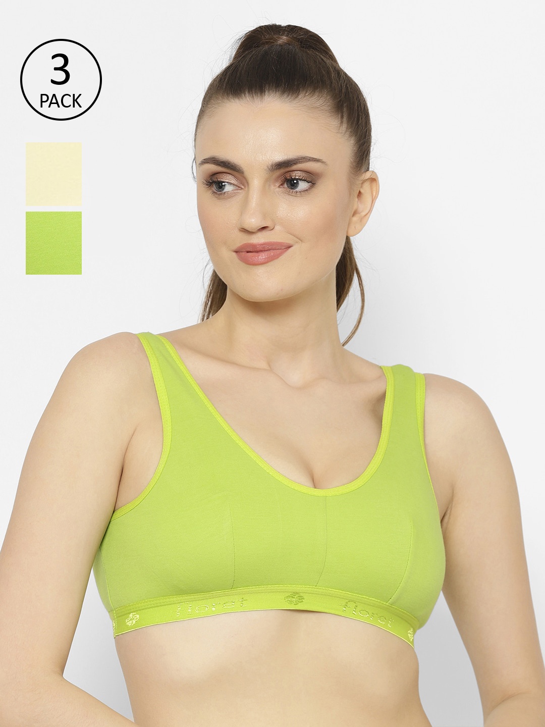 

Floret Pack Of 3 Lime Green & Cream-Coloured Solid Non-Wired Non Padded Workout Bra