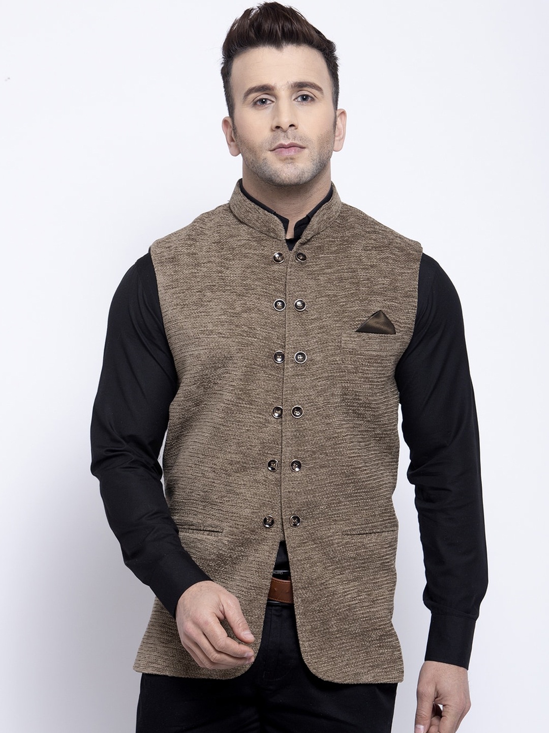 

KLOTTHE Men Brown Woven Design Nehru Jacket