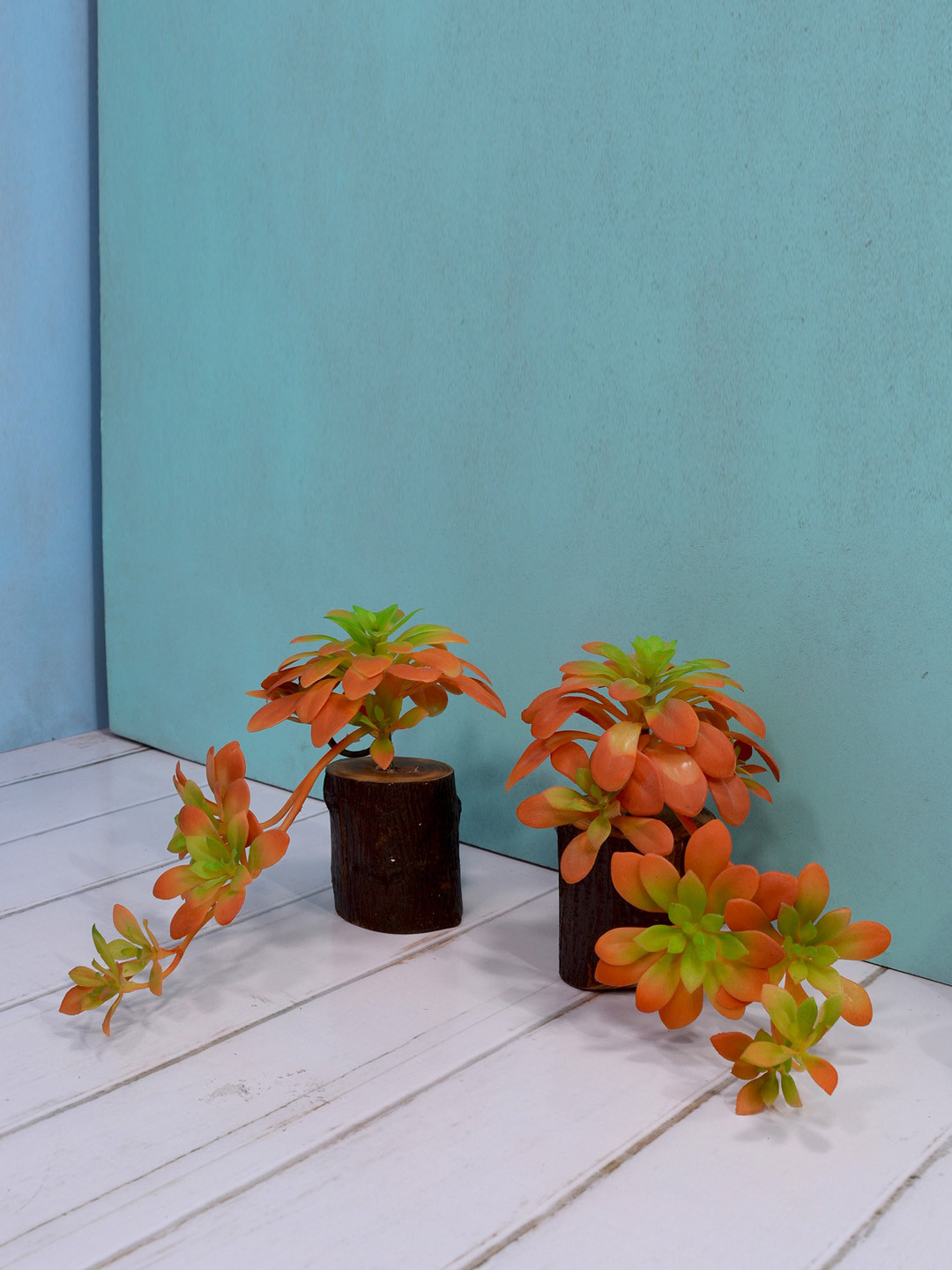 

fancy mart Set Of 2 Orange & Green Artificial Succulents With Brown Wood Log
