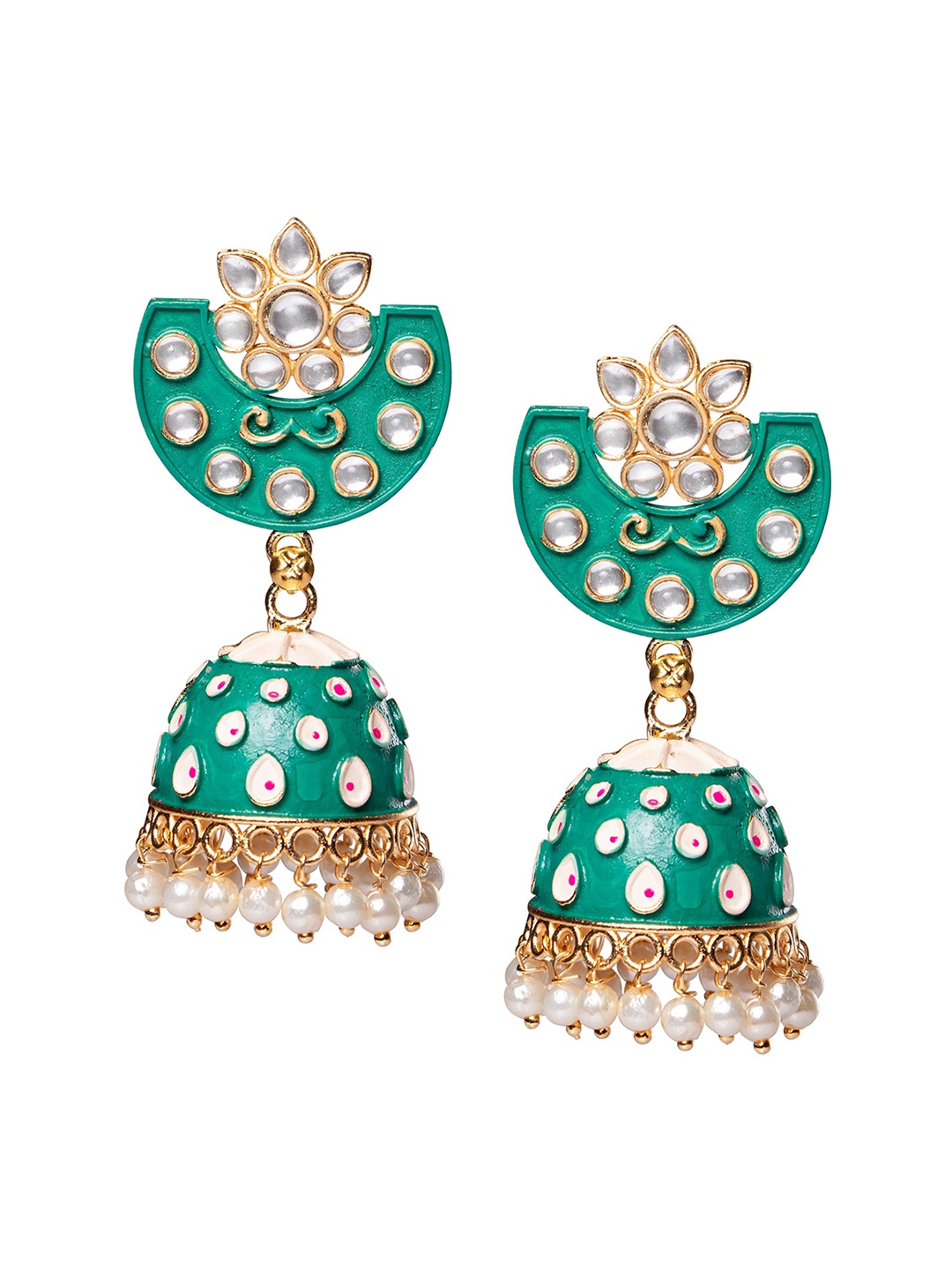 

MORKANTH JEWELLERY Sea Green & White Dome Shaped Jhumkas