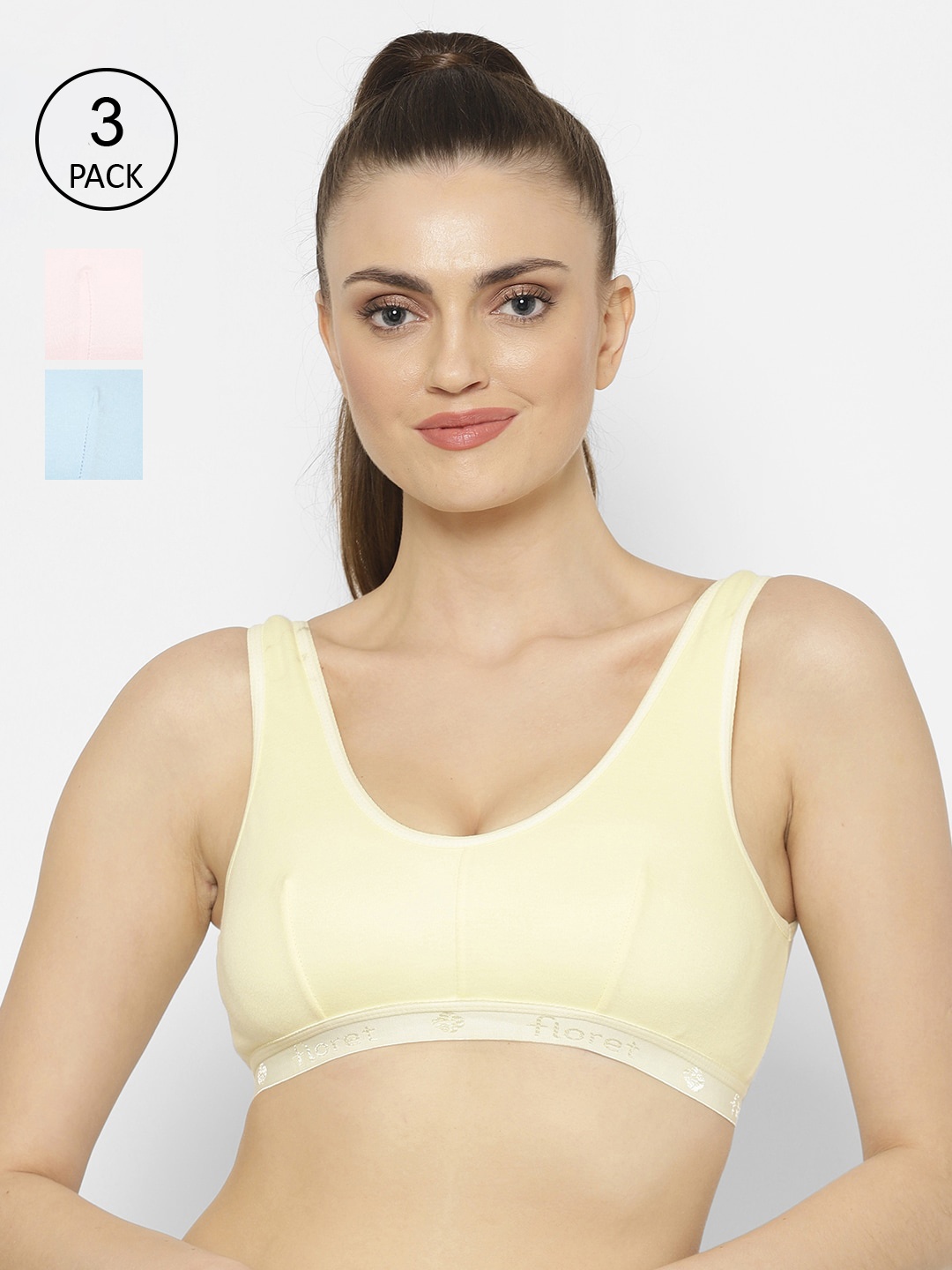 Floret Pack of 3 Solid Non-Wired Non Padded Workout Bra, Pink