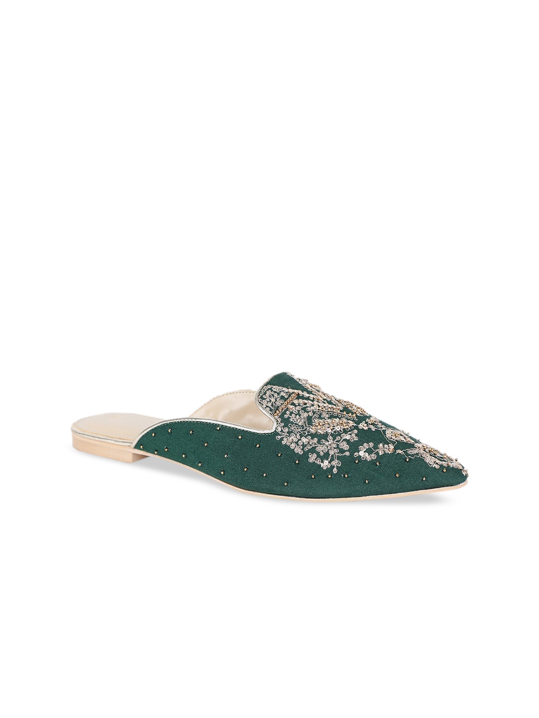 W Women Green Embellished Fabric Mules