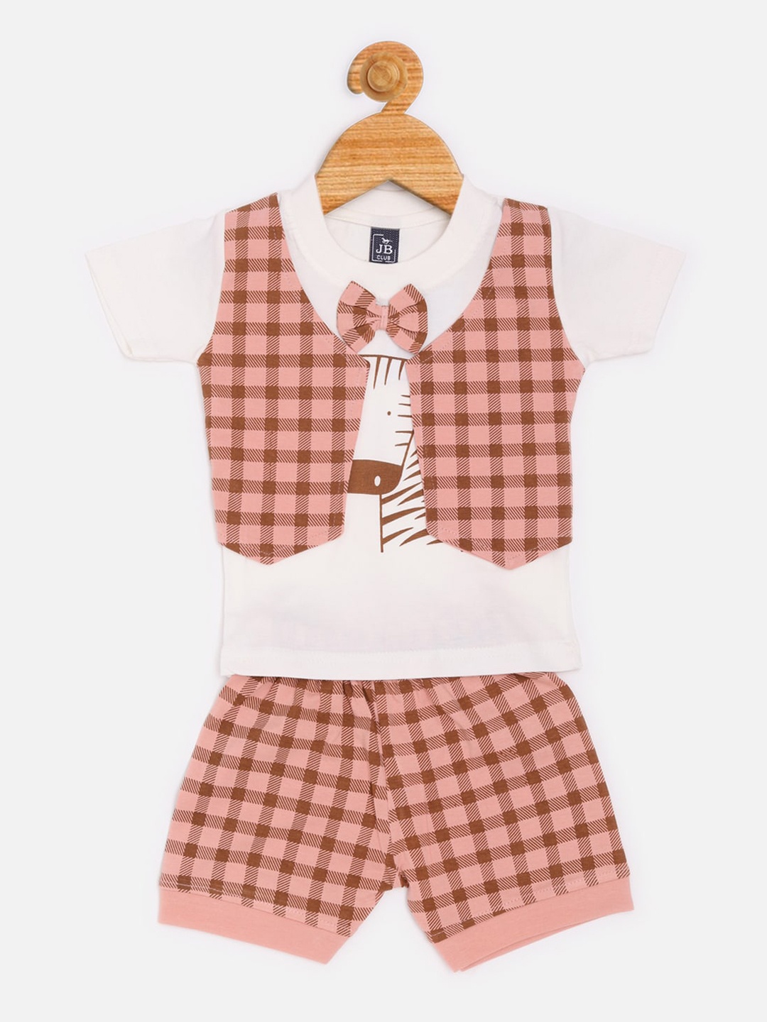 

Jaybee Boys Peach-Coloured & Brown Printed T-shirt with Waistcoat & Shorts