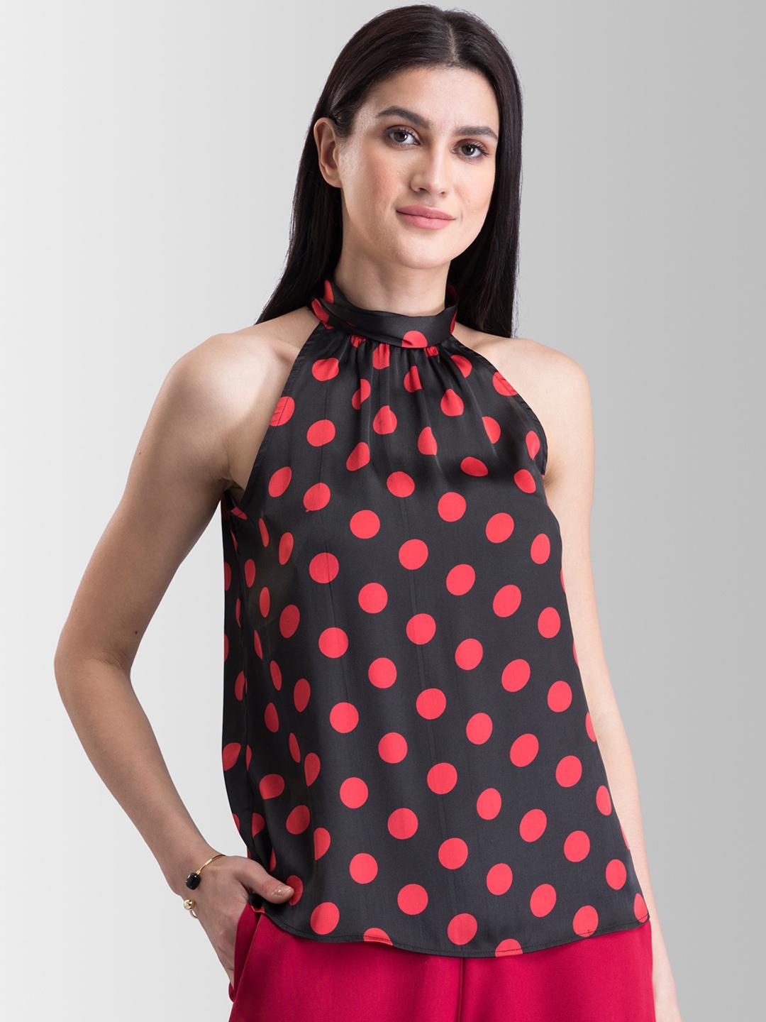 

FableStreet Women Black & Red Polka Dot Printed Top