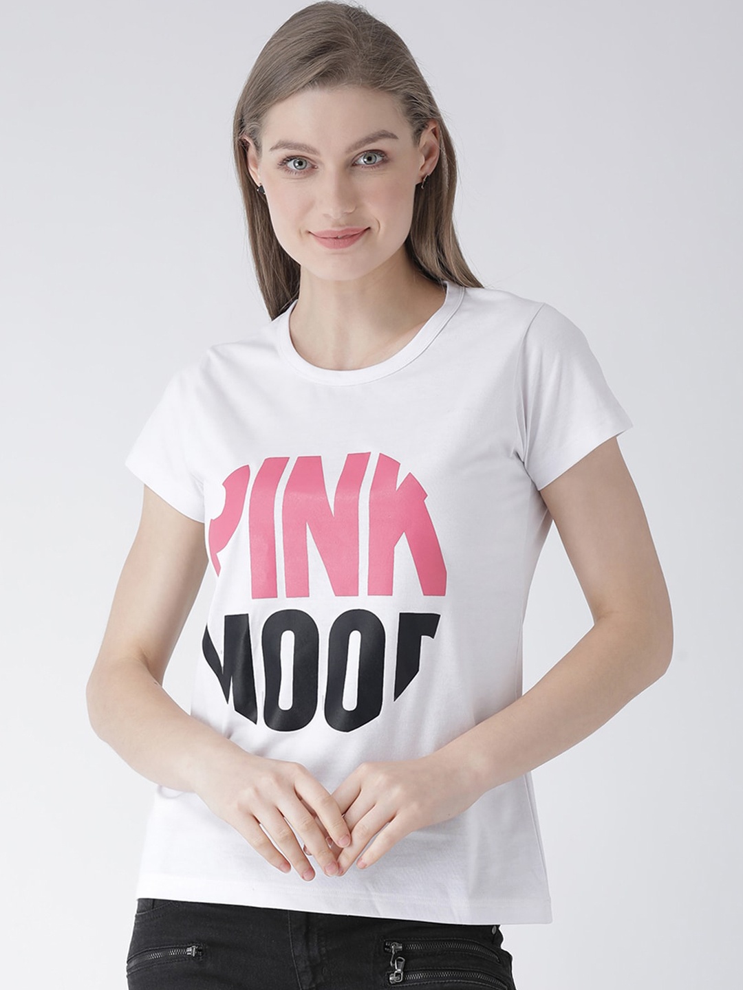 

GRIFFEL Women White Printed Round Neck Cotton T-shirt