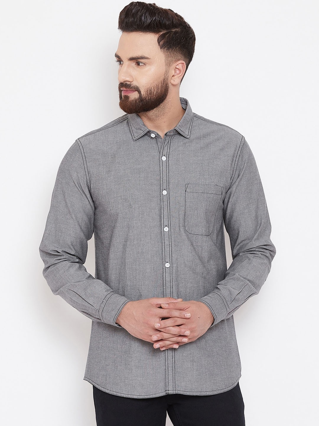 

American Archer Men Grey Slim Fit Solid Casual Denim Shirt