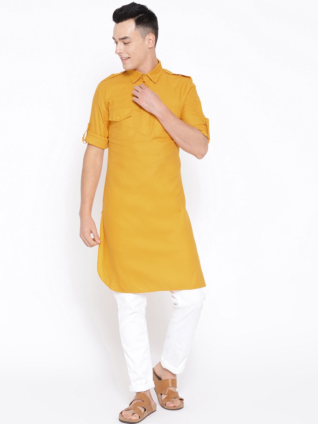 

Molly & Michel Men Mustard Yellow Solid Pathani Kurta