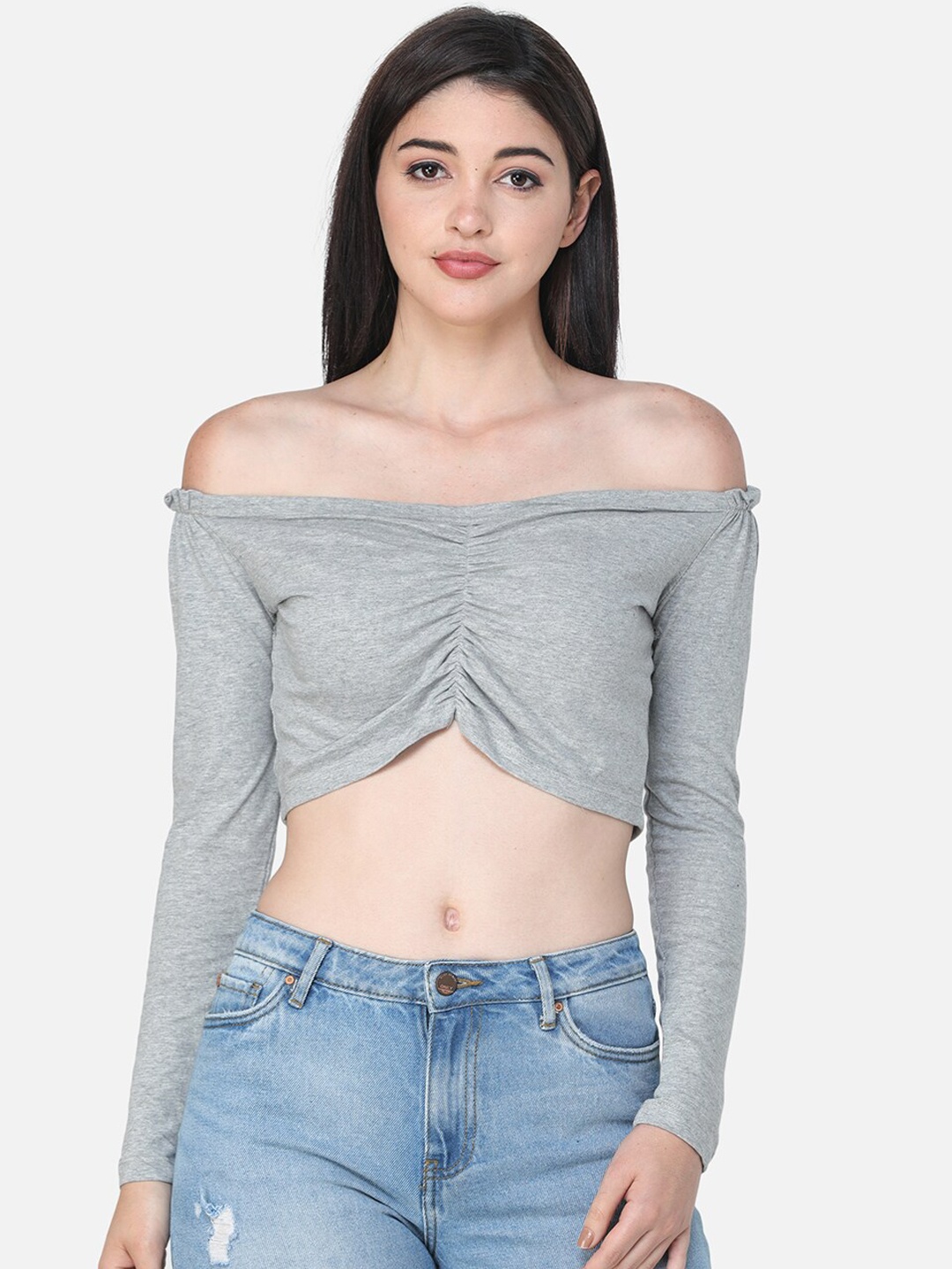 

SCORPIUS Women Grey Melange Solid Bardot Crop Top