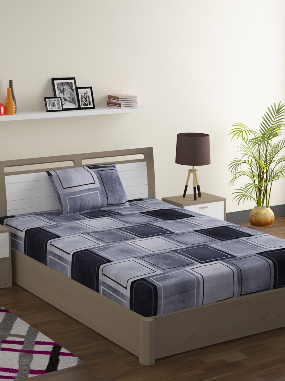 

SWAYAM Grey & Blue Geometric 210 TC Cotton 1 Single Bedsheet with 1 Pillow Covers
