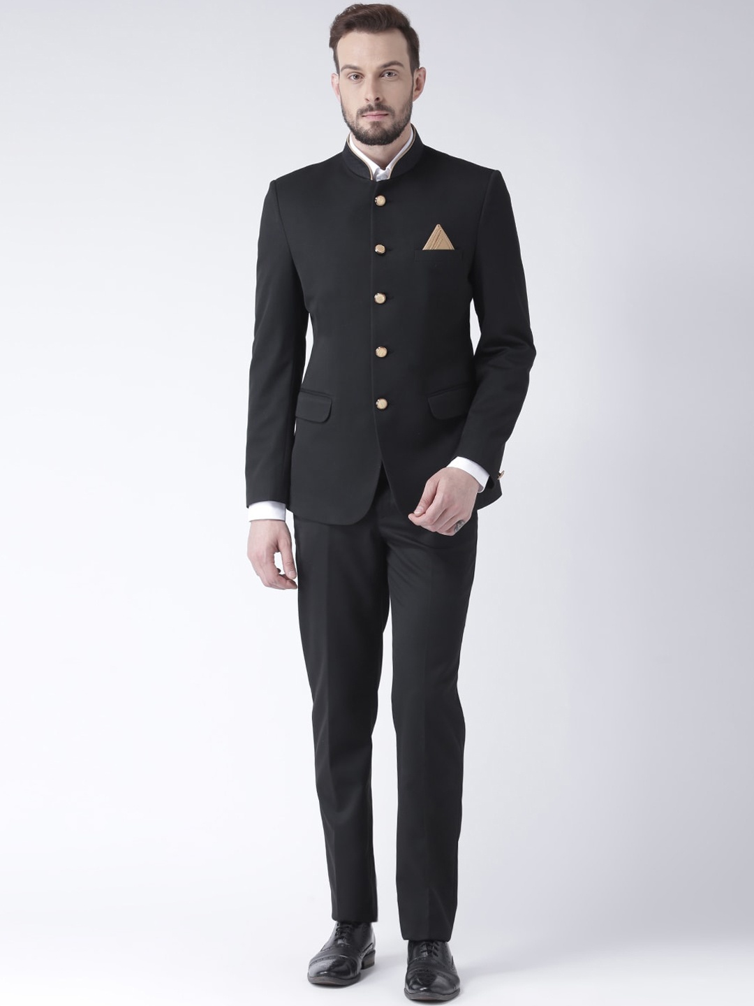 Hangup Men Black Solid Bandhgala Formal Suit