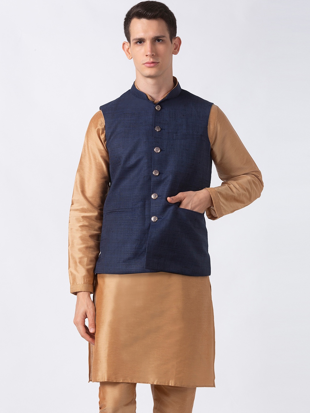 

Ethnicity Men Navy Blue Solid Nehru Jacket