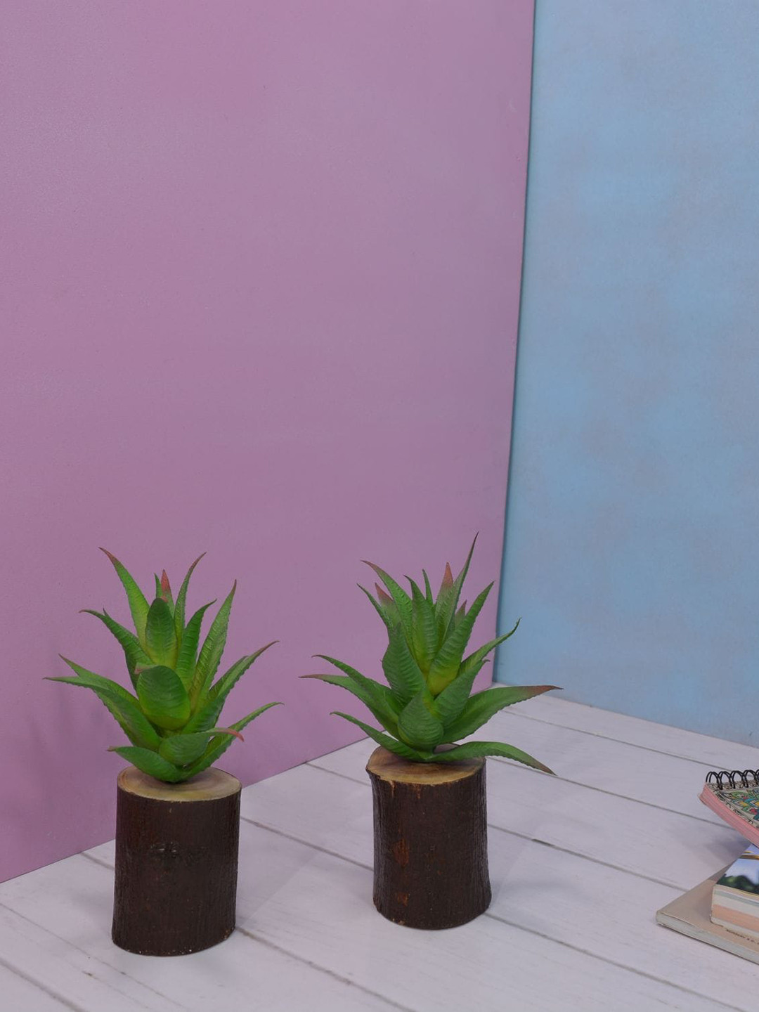 

Fancy Mart Set of 2 Green & Brow Artificial Succulents With Wood Log