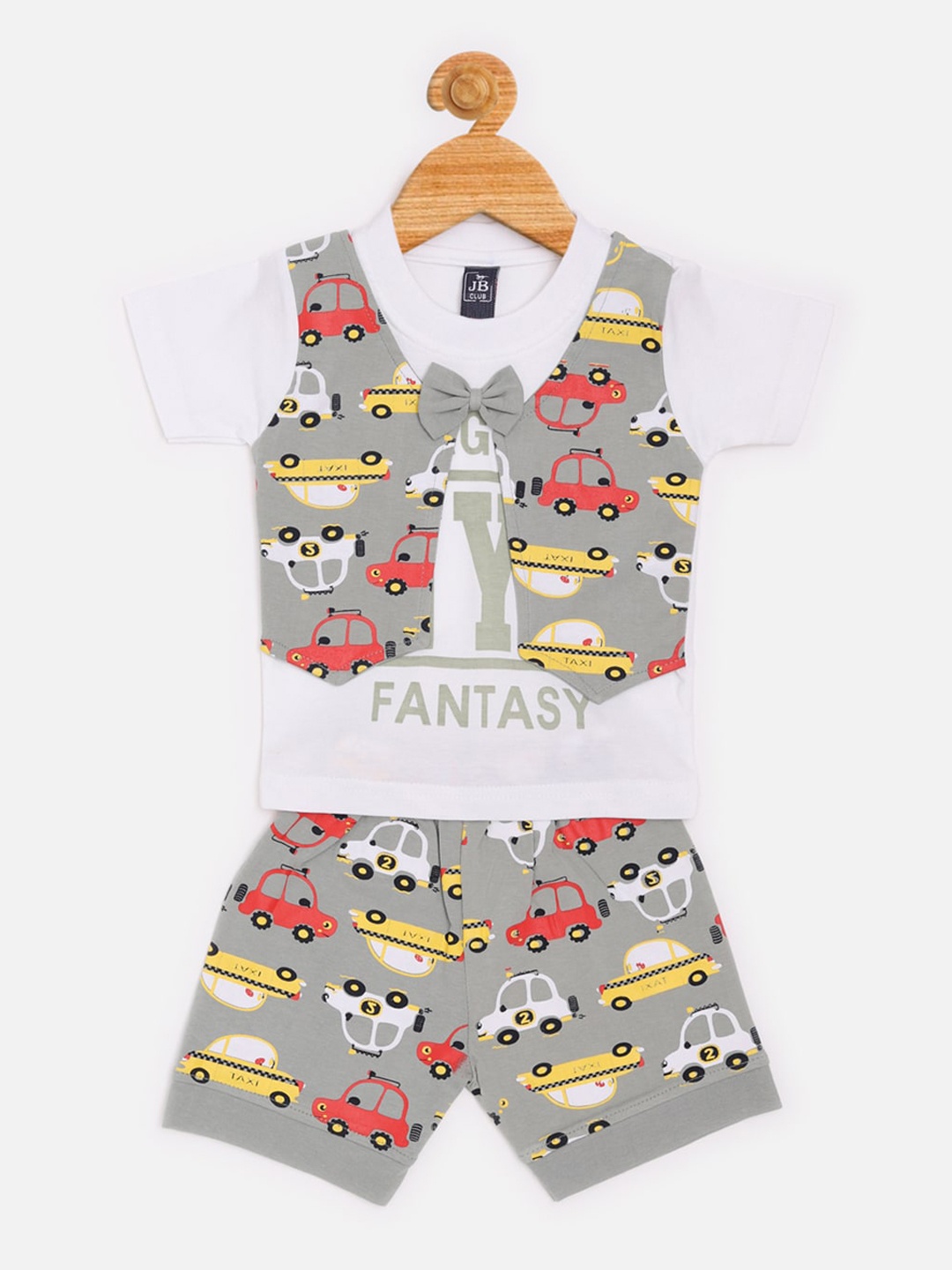 

Jaybee Boys Grey & White Printed Cotton T-shirt with Waistcoat & Shorts