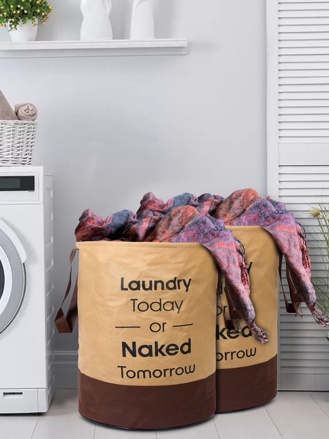 Kuber Industries Set Of 2 Printed Round Laundry Bags With Handles, Brown