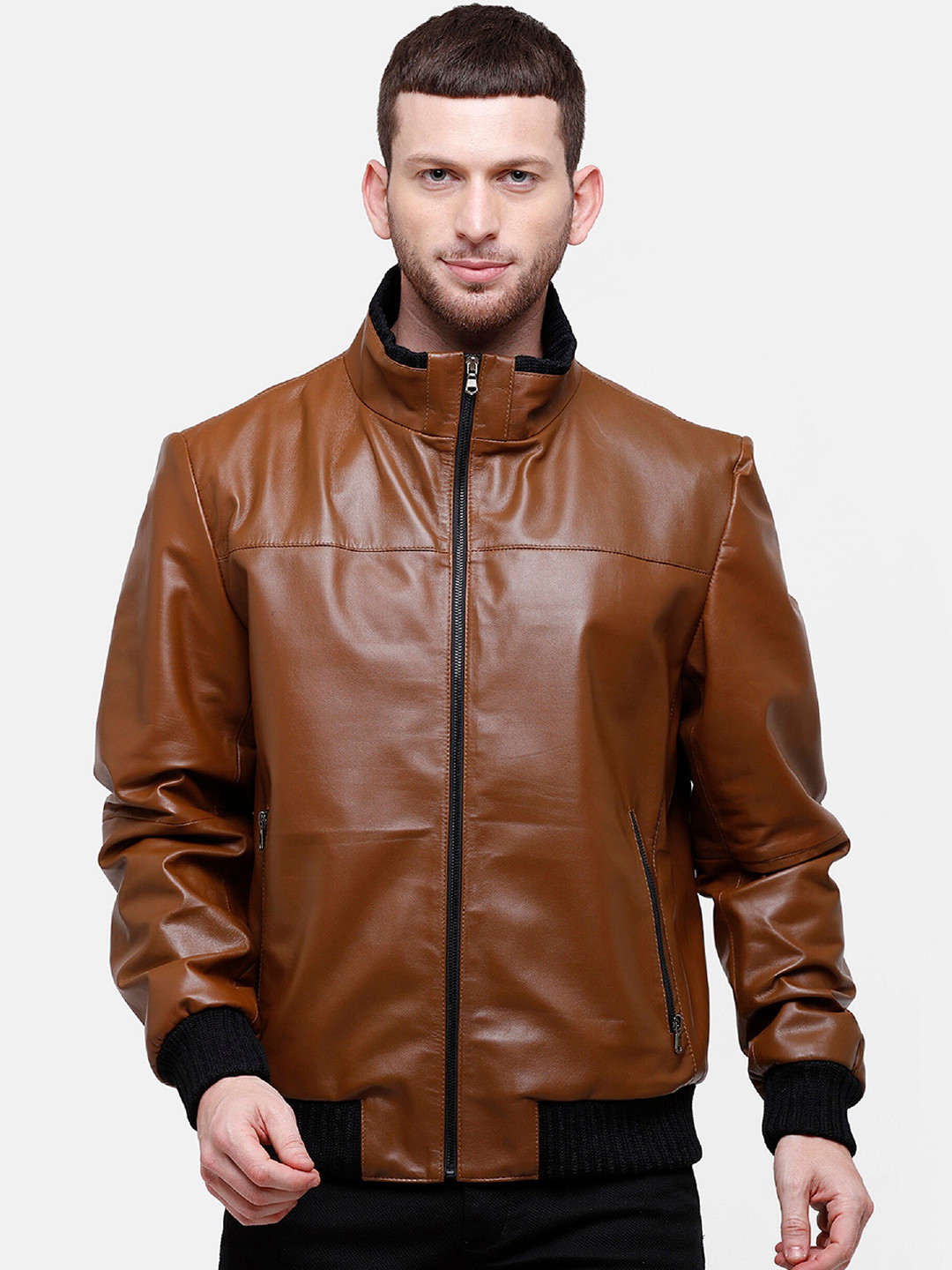

MONOCHROME Men Brown Solid Insulator Leather Jacket